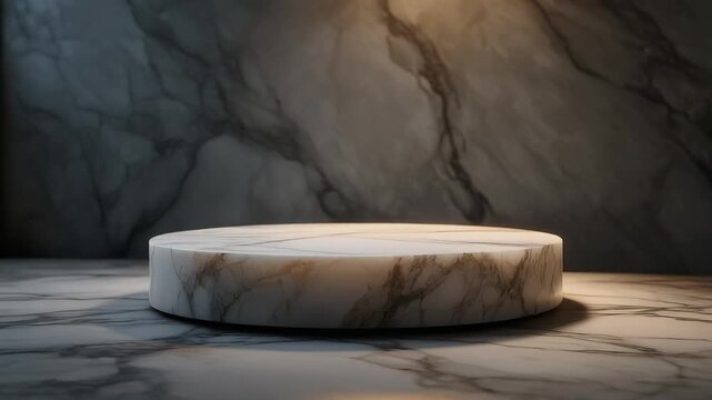 A white marble podium stands alone in a gray-toned, patterned interior with a subtle light casting shadows. The podium is smooth with visible veins