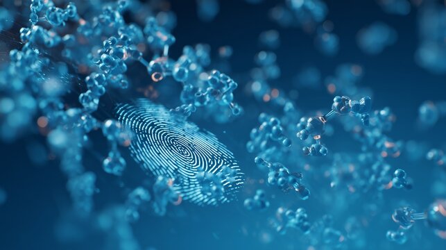 The image features a prominent blue fingerprint surrounded by intricate molecular structures. This visual emphasizes the connection between biometrics and molecular science. - Powered by Adobe