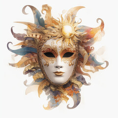 Venetian Carnival Mask on a white background, watercolor illustration. Masquerade Mask, Golden Sun