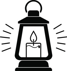   
Lantern icon with lit candle and rays representing warmth guidance and vintage illumination in silhouette vector style