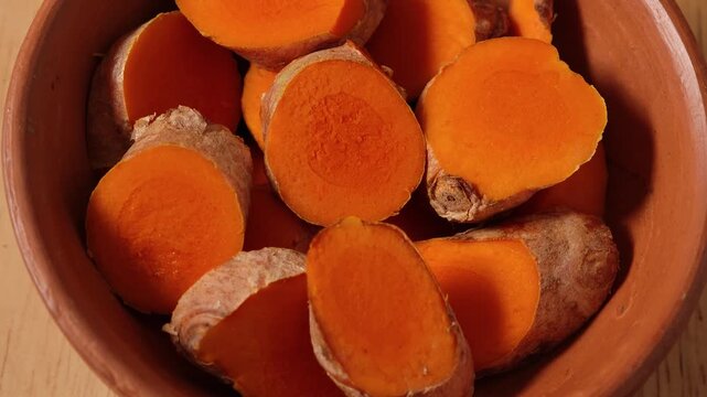 Close-up of sliced ​​fresh turmeric.