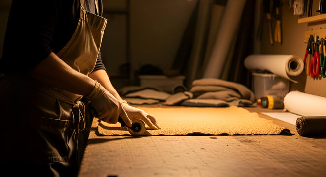 Craftsman working with leather in a workshop setting - Powered by Adobe