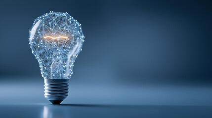 A futuristic light bulb design, showcasing a network of interconnected lines and nodes, emits a warm glow against a dark blue background, symbolizing innovation.