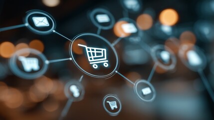 In a digital environment, various shopping icons are interconnected, with a prominent shopping cart symbolizing online commerce. The backdrop features soft bokeh lights, enhancing