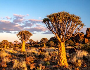 African landscape with quiver trees bathed in the warm glow of a setting sun, set against a blue sky and sparse clouds