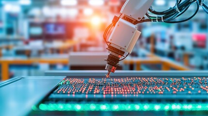 Close-up of a robotic arm assembling small electronic components on a production line. Sparks and motion blur add realism and industrial feel