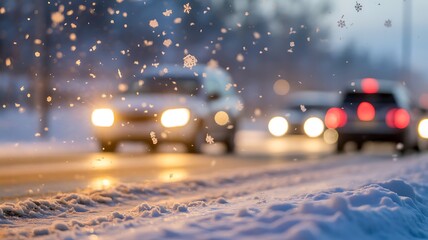 Obraz premium Winter driving conditions on a snowy road with cars and illuminated headlights during a snowfall