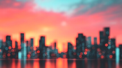 Fototapeta premium A vibrant city skyline at dusk, with colorful lights creating a blurred, dreamy effect against a dramatic sunset background.