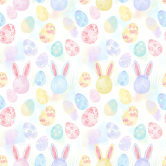 Soft Pastel Easter Eggs and Bunny Ears Seamless Pattern Background. Gentle Spring Holiday Repeatable Vector Design.