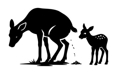 Deer and Fawn Silhouette, Minimal Wildlife Family Illustration