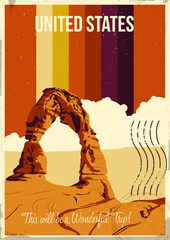 Main USA Attraction Postcard, Delicate Arch, Arches National Park. Retro Postcard Style Illustration. Aged Paper Texture, 1970s - 1980s Vintage Color Lines