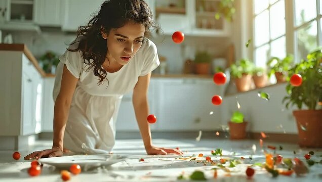 Young woman dropping food in the kitchen in a moment of failure or stress