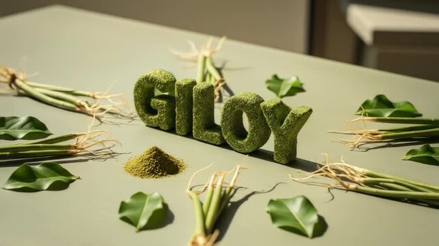 GILOY text from moss, green stems, leaves, and powder on table