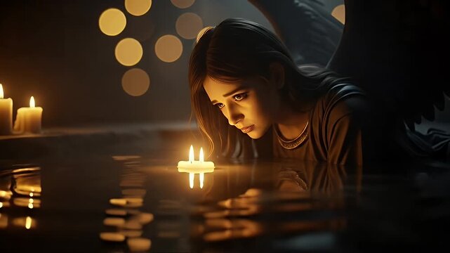 Mystical Angelic Reflection - A Serene Moment with Candles and Light.