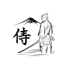 Samurai warrior holding a katana sword with Mount Fuji in the background.