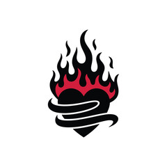 Black heart with flames and ribbon graphic illustration.