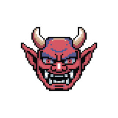 Pixel Art Red Devil Face with Horns and Sharp Teeth.