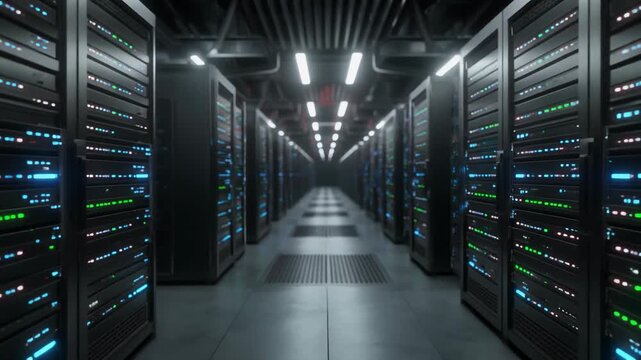 Modern data center server room corridor perspective