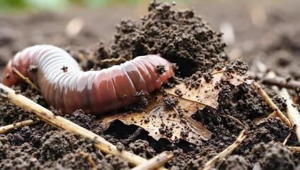 Macro shot of an earthworm crawling through rich soil, showcasing its segmented body and moist skin in a natural environment
