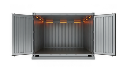 Open gray shipping container with orange lights inside isolated on transparent background