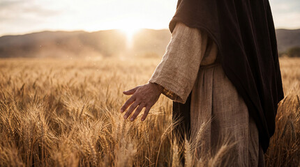Hand of Jesus Christ touching golden wheat spikes in field at sunset. Biblical scene of walking through grain during harvest time. Religious concept of faith, spirituality and peace.