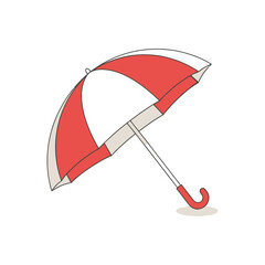 Red and white striped umbrella opened for protection from rain.
