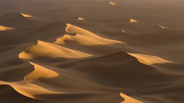 A sweeping aerial perspective captures the majestic forms of sand dunes. Varying light and shadow interplay create compelling visual textures