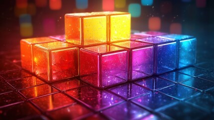 A group of illuminated cubes rests upon a reflective surface, surrounded by blurred colorful lights.