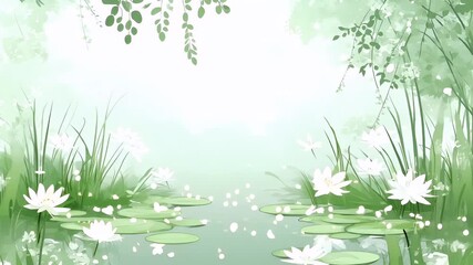 Spring booming. Life. New hope. Season. A digital artwork depicting a serene pond scene with white lilies and green foliage. The style is reminiscent of a watercolor painting, with a focus on soft.