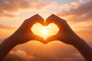 Fototapeta premium Sunset heart hands — romantic love symbol, Valentine’s Day concept