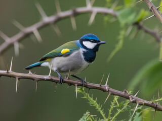 Small Bird With Blue Head And Yellow Markings On Thorny Branch