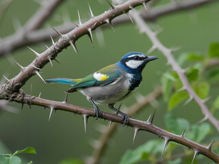 Small Bird With Blue Head Perched On Thorny Branch