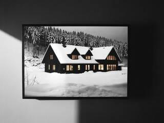 Black and white snowy forest cabin with warm interior lights