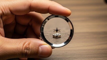 A hand holding a magnifying glass over a small spider and ring