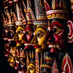 Row of traditional Sri Lankan masks with weathered wood textures and vibrant folkloric colors.