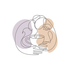 Continuous line drawing of a person holding a cup of coffee.