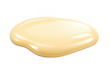 Smooth fluid blob of light yellow or beige colored liquid, glossy and shiny, spreading on a transparent background