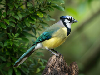 Blue Jay Perched on a Tree Stump with Green Foliage