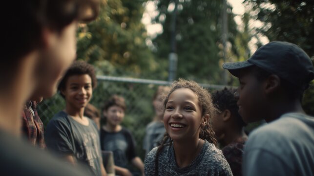 A joyful group of boys and girls engages in lively conversation outdoors, highlighting their camaraderie and shared laughter. The young girl smiles brightly, surrounded by her frie