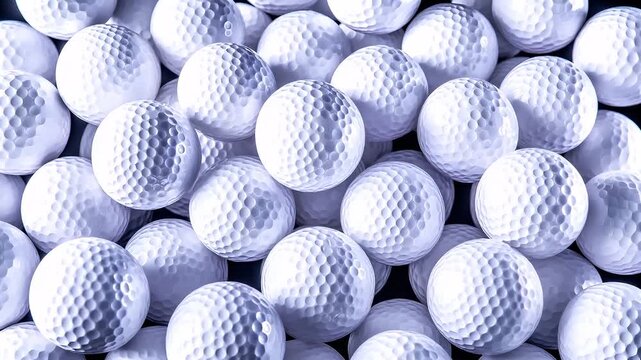 A closeup view of numerous white golf balls, with a focus on their intricate patterns and textures. The golf balls are uniformly white with a slight sheen.