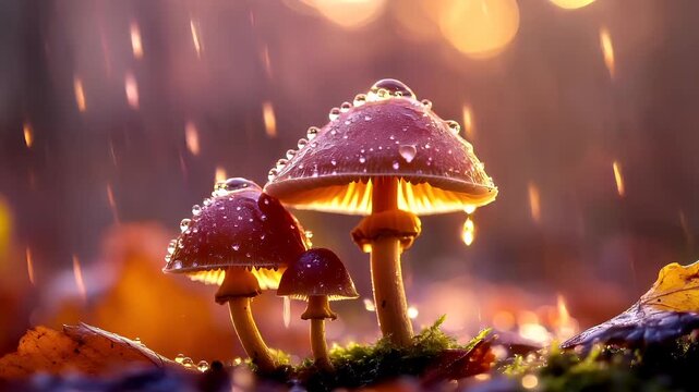 A closeup of a mushroom with water droplets on it, set against a blurred background. The mushroom is predominantly purple with a yellowish cap. The droplets are glistening.