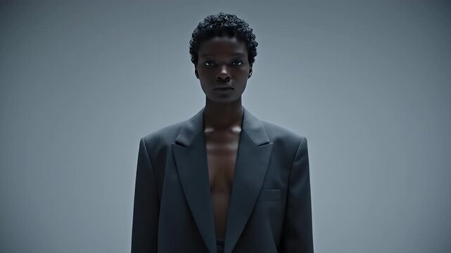 Elegant Woman in Oversized Suit Strolling Confidently Against Neutral Background
