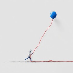 Child with Balloon Tied to Stick Figure by Red Rope