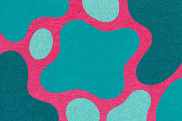 Abstract teal, turquoise and magenta background with amorphous shapes and spots, paper texture in flat organic design