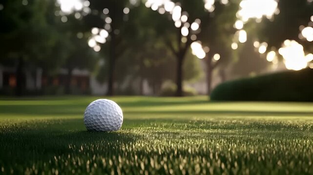 A closeup shot of a golf ball on a lush green golf course during the evening. The golf ball is white with intricate hexagonal patterns, and the grass is a vibrant green.