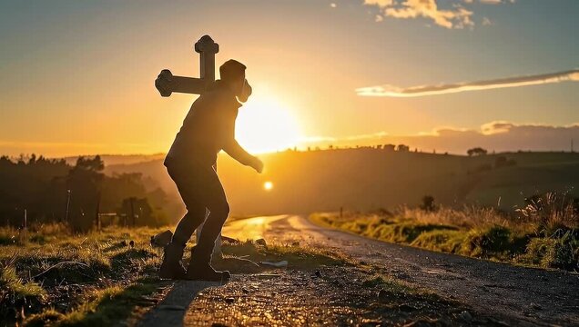 Man's quiet reflection by the cross at dawn, seeking solace and inner peace
