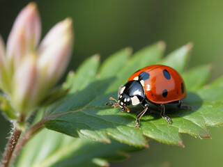 Ladybug on a Leaf with Flower photograph close