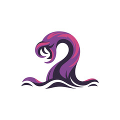 Purple sea monster emerging from water stylized illustration.