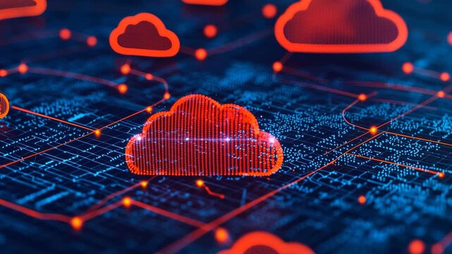 Red cloud network digital data storage glowing cloud connection security nodes vibrant circuitry futuristic circuit board data