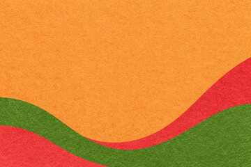 Textured warm orange paper background with red and green wavy lines and waves, copy space for banner, presentation